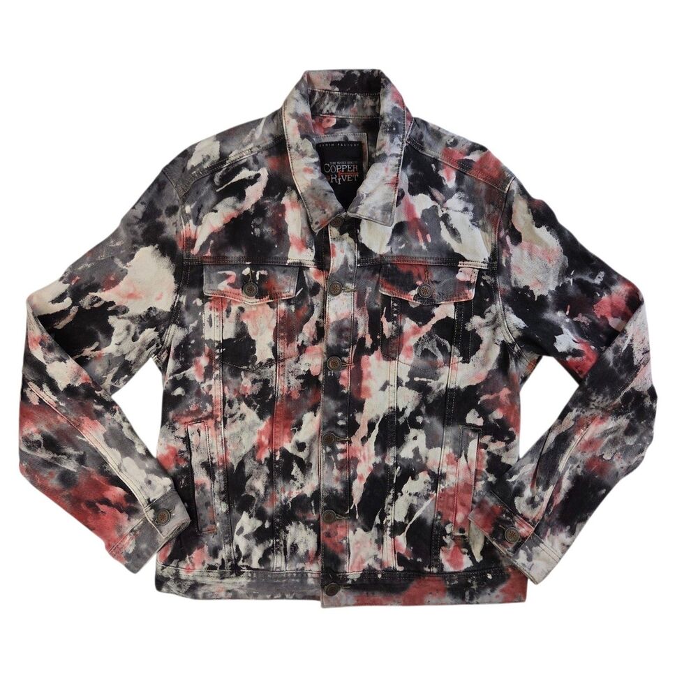 Copper Rivet Men's L Black White Red Tie-Dye Denim Jacket Grunge Streetwear EUC